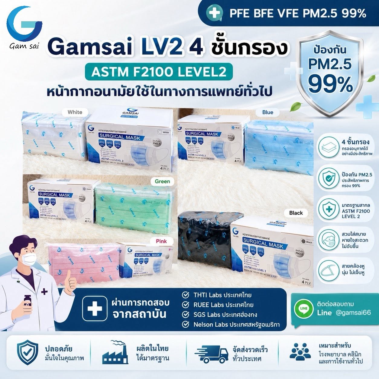 Gamsai LV2 หน้ากากอนามัยทางการแพทย์ 4 ชั้น