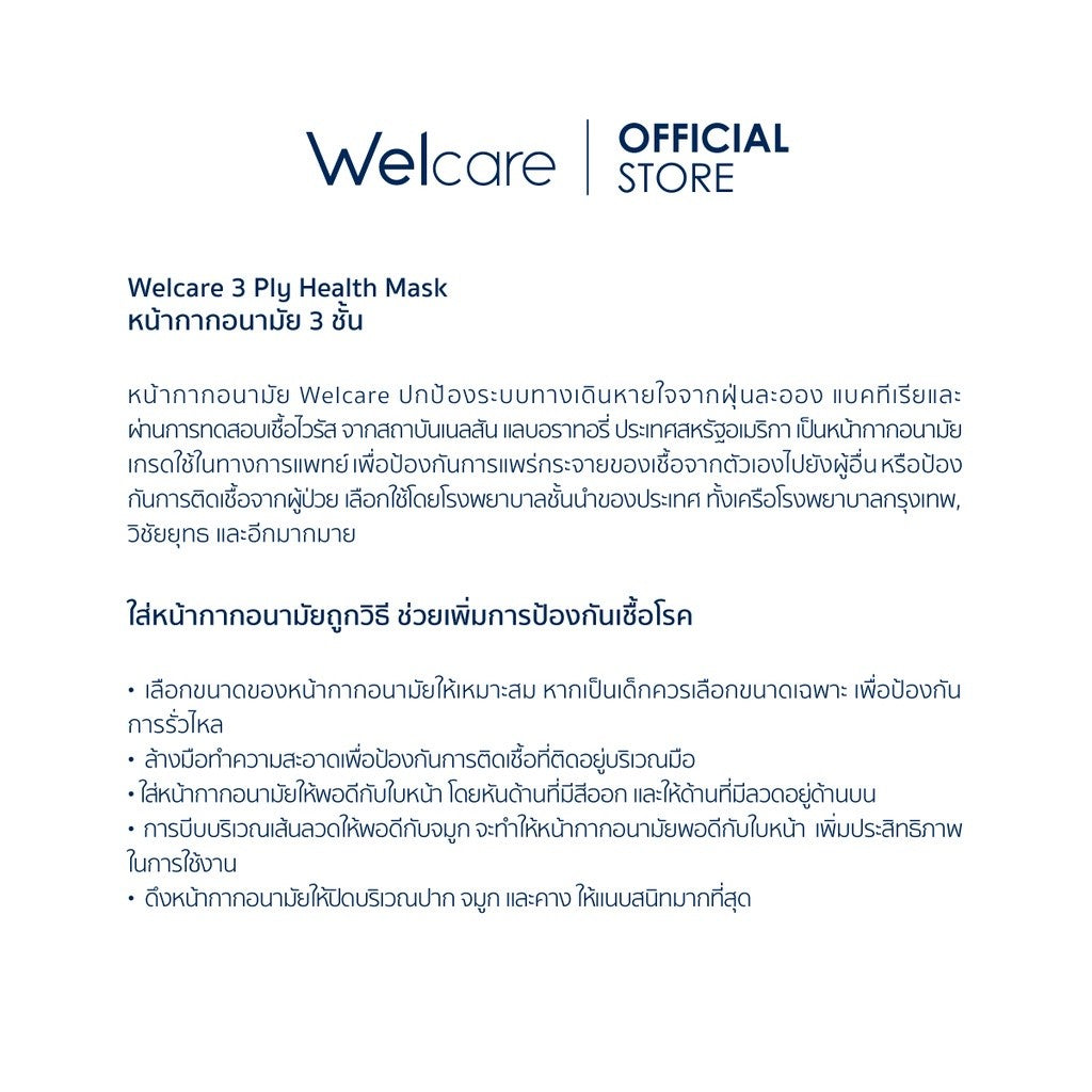 Welcare Level 1 หน้ากากอนามัย มอก. 3 ชั้น (1 กล่อง 50 ชิ้น)